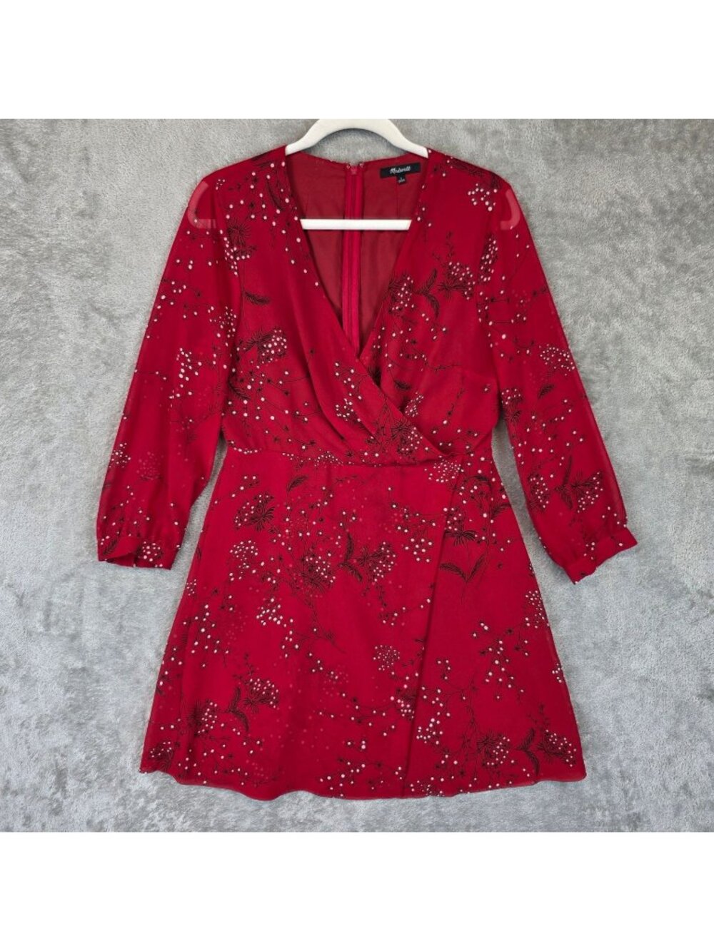 Madewell Dress Womens 2 Red Floral V Neck 3/4 Sleeve Wrap Fit & Flare Mini